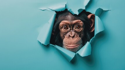 A humorous chimpanzee peers through a ripped hole in a contrast pastel color paper background, Ai...