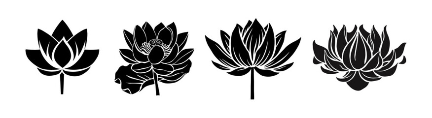 Set of Lotus, Water Lily flower black silhouettes. July birth month flowers. Modern design for tattoo, logo, cards, packaging, wall art. Vector monochrome illustrations on transparent background.