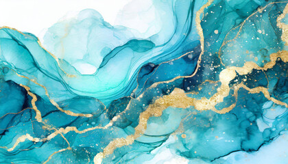 Cyan blue liquid watercolor background with golden stains. Teal turquoise marble alcohol ink drawing effect. - obrazy, fototapety, plakaty
