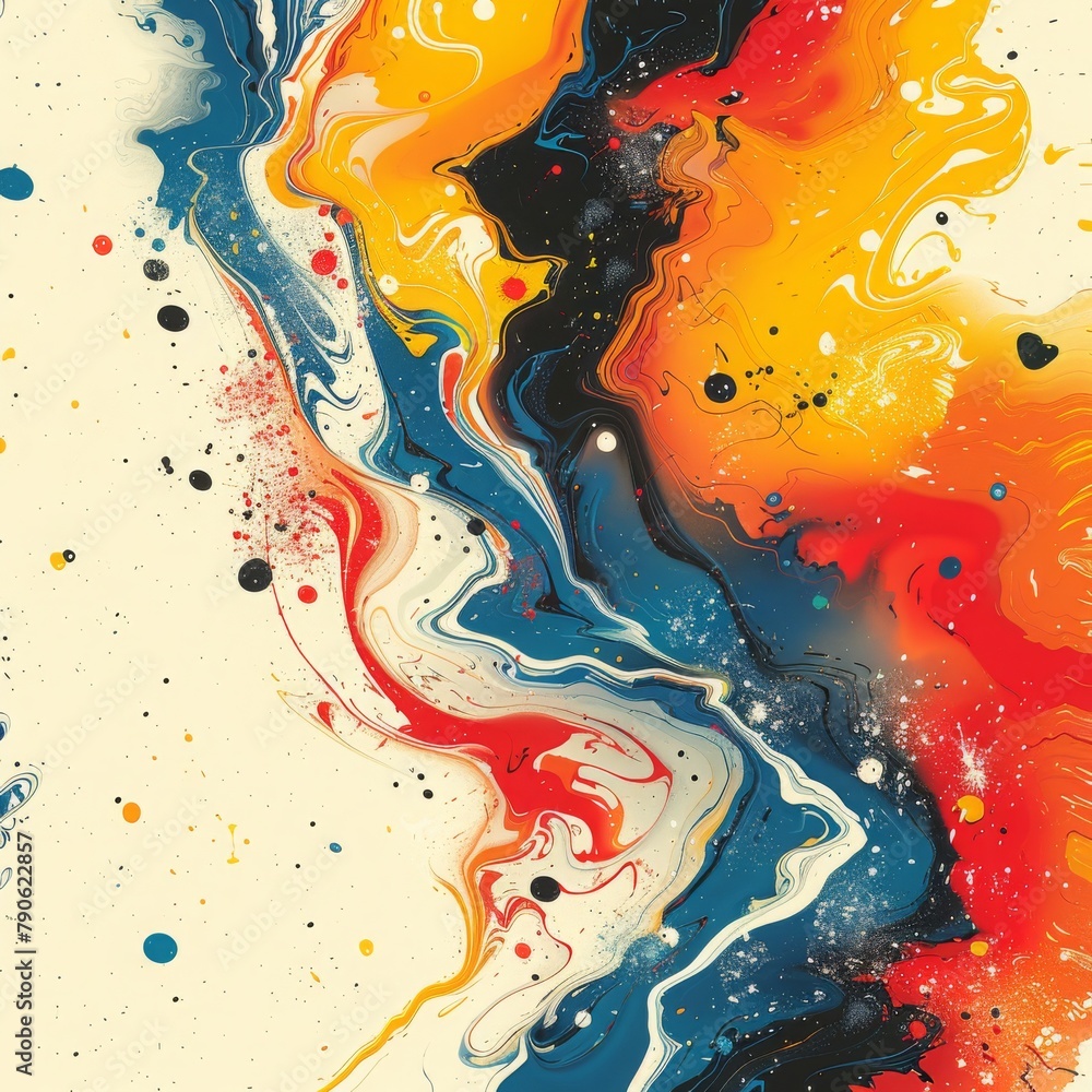 Poster vibrant abstract artwork featuring swirling patterns of paint with dynamic splatters, evoking creati