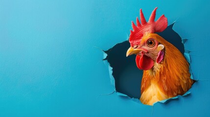 A humorous hen peers through a ripped hole in a contrast pastel color paper background, Ai Generated