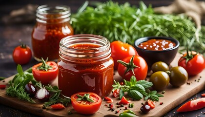 Traditional chili sauce in a glass jar with fresh herbs, tomatoes and olive oil.
