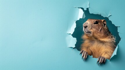 A humorous groundhog  peers through a ripped hole in a contrast pastel color paper background, Ai...