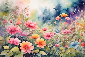 Obraz na płótnie Canvas Watercolor Flower Garden Landscape, Watercolor Flowers Garden Wallpaper, Watercolor Painting of Colorful Flowers, Watercolor Flower Field Background, AI Generative