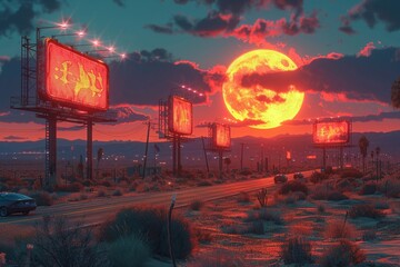 Obraz premium Retro futuristic highway, hovercars, neon billboards, desert landscape