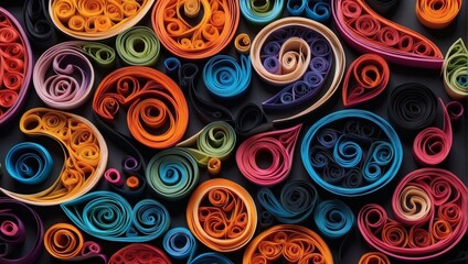 Bold and striking close-up of vibrant quilling paper coils against a deep black backdrop.