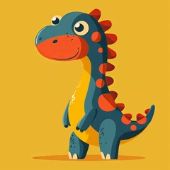 A cute cartoon dinosaur has blue and green scales with a big smile set on a yellow background.