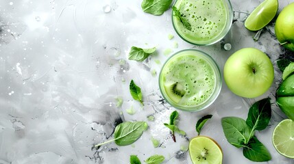 Fresh green smoothie in glasses with apples, lime, and spinach on ice. Healthy lifestyle drink, detox and diet concept. Natural, organic beverage. AI - obrazy, fototapety, plakaty