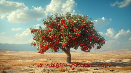 An apple tree full of red apples in the middle of a desert - obrazy, fototapety, plakaty