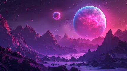 Pink and purple alien landscape with the earth on background
