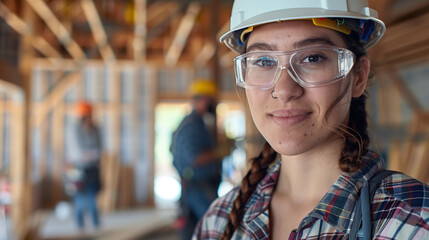 woman working on a construction site, construction hard hat and work vest, smiling, middle aged or older