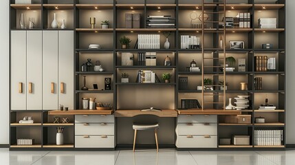 A white and grey bookshelves, doors and drawers on the lower part, the upper part is made with black side ladder like and wood shelves. Generative AI.