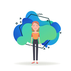 Pretty schoolgirl flat vector illustration. Teenager in T-shirt and trousers. School, education, teenage years concept for web design, banner, landing page