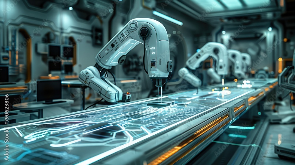 Poster A futuristic sewing table, robotic arms intricately patching fabric with glowing digital threads, fabric adorned with circuit patterns, high-tech workshop setting. Generative AI.