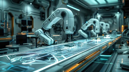 A futuristic sewing table, robotic arms intricately patching fabric with glowing digital threads, fabric adorned with circuit patterns, high-tech workshop setting. Generative AI.