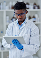 Science, thinking and black man with tablet, glasses pharmaceutical research in laboratory. Medical study, lab technician or scientist with digital app for online review, inventory report or results. - obrazy, fototapety, plakaty