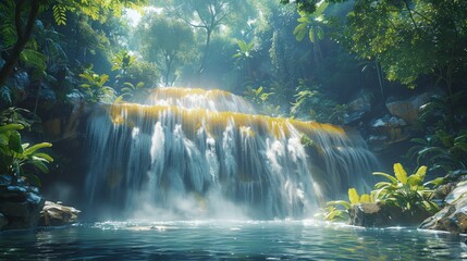 Stunning tropical waterfall hidden in a lush jungle illuminated by sunlight