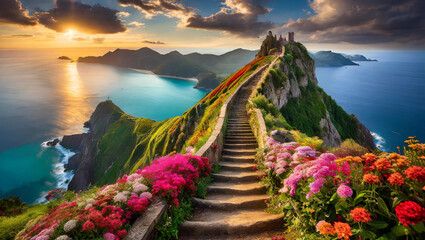Firefly stairs going up to the mystical mountain surrounded by different colorful flowers - Powered by Adobe