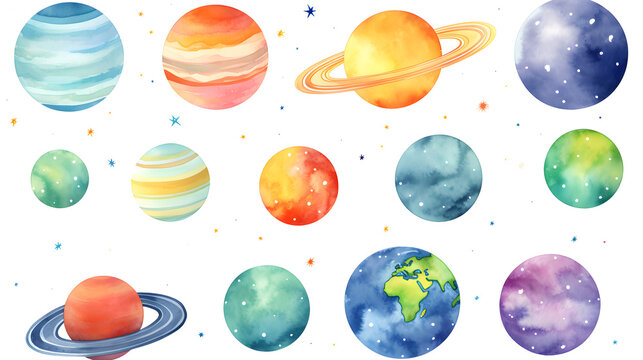 Hand drawn colorful watercolor space set of planet isolated of white background
