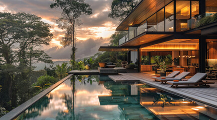 Modern villa with pool in the rainforest with views to the pacific ocean, soft natural light. Generative AI.