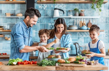 Naklejka premium Family making salads together in a kitchen.
