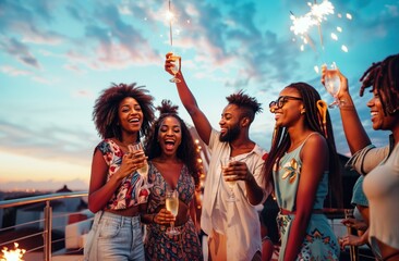 Obraz premium Friends Celebrating with Sparklers at Sunset Party