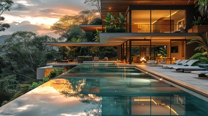 Modern villa with pool in the rainforest with views to the pacific ocean, soft natural light. Generative AI.