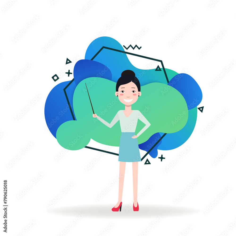 Aufkleber smiling teacher using pointer to show something to students. flat vector illustration. young asian w