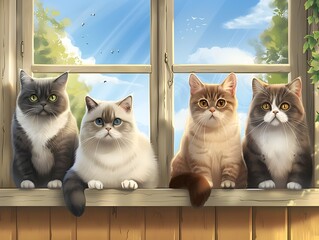 Curious Cats of Various Breeds Peer Curiously from Windowsills in D Illustrated Style