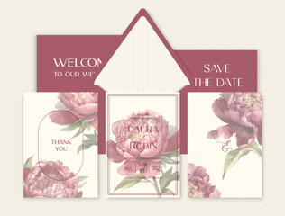 Luxury wedding invitation card background with watercolor peonies flower and botanical leaves.