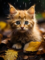 Fototapeta premium A thin red kitten lies on the side of the road in a pile of leaves, covered in mud, soaked in the rain.