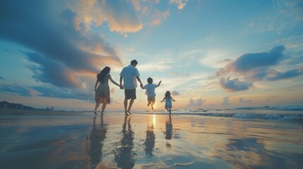 Happy asian family jumping together on the beach in holiday. Silhouette of the family holding hands enjoying the sunset on the beach.Happy family travel and vacations concept.
