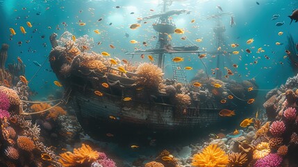 A sunken pirate ship teeming with colorful coral and surrounded. Generative AI.