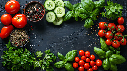 Fresh vegetables and seed border dark background center copy space  healthy diet 
