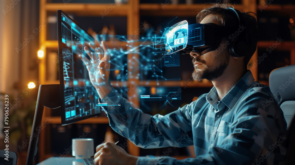 Poster data scientist or software engineer working with virtual ai technology, man using vr technology
