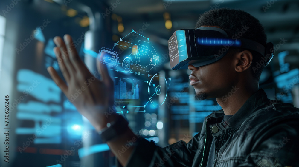 Poster data scientist or software engineer working with virtual ai technology, man using vr technology