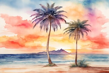 Fototapeta na wymiar Watercolor Sunset Beach Landscape, Watercolor Sunset Beach Wallpaper, Watercolor Painting of Beach Scenery, Sunset Palm Beach Background, AI Generative