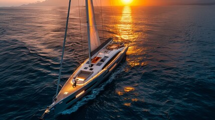 Sailing yacht boat on on ocean water at sunrise with flare and outdoor lifestyle