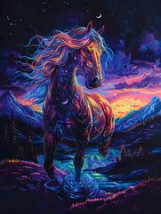 Neon glowing horse, phantasmal iridescence, set in a mystical night scene