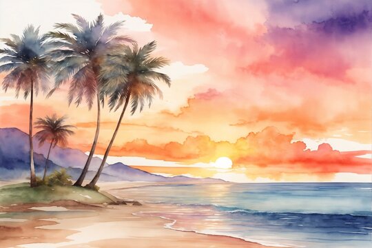 Watercolor Sunset Beach Landscape, Watercolor Sunset Beach Wallpaper, Watercolor Painting of Beach Scenery, Sunset Palm Beach Background, AI Generative