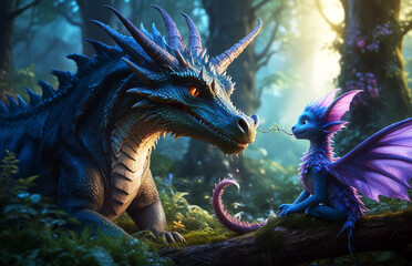 A blue dragon and his child are having a conversation in a mystical magical forest - obrazy, fototapety, plakaty