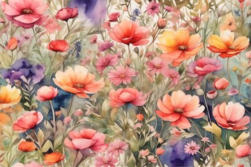 Watercolor Wild Flower Landscape Background, Watercolor Wild Flower Wallpaper, Watercolor Painting of Wild Flower, Wild Flower Background, AI Generative