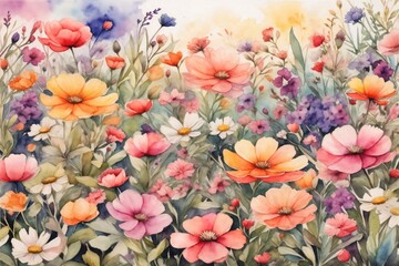 Fototapeta na wymiar Watercolor Wild Flower Landscape Background, Watercolor Wild Flower Wallpaper, Watercolor Painting of Wild Flower, Wild Flower Background, AI Generative