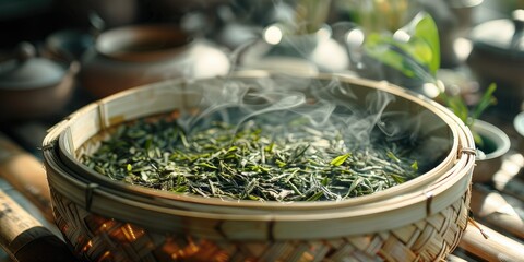 In the bamboo woven dustpan, there are slightly yellowed tea leaves scattered, close-up shot from a top-down angle highlights the tea leaves being baked by hot air. Generative AI.