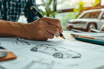 an engineer draws car designs