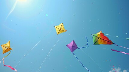 Colorful kites flying against a clear blue sky