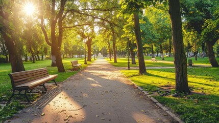 Cycling path through a sunny park with benches and trees