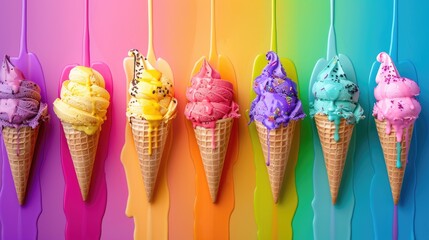 Graphic ice cream cones with dripping flavors in vibrant colors - obrazy, fototapety, plakaty