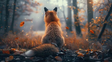 Naklejka premium Fox from behind at the forest. Generative AI.