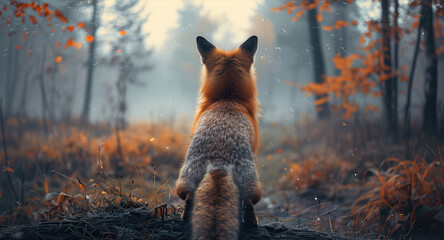 Fox from behind at the forest. Generative AI.